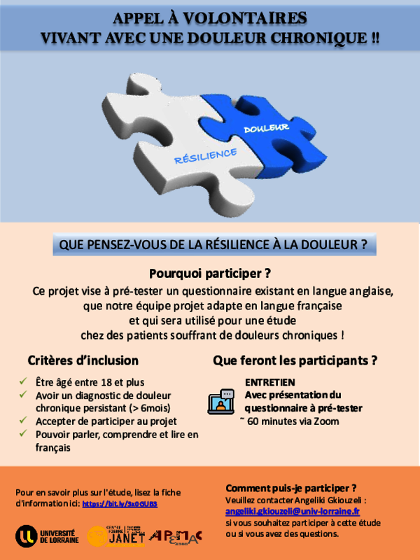 APPEL À VOLONTAIRES VIVANT AVEC UNE DOULEUR CHRONIQUE